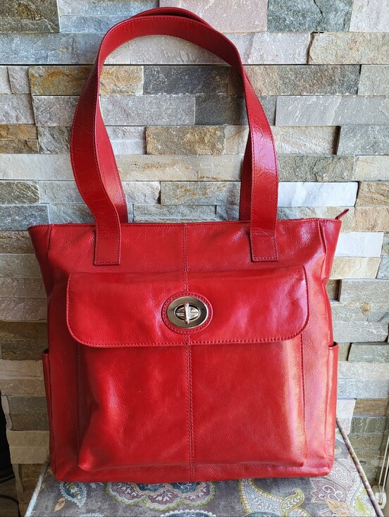 Danier Handbags - Danier Red Leather Laptop/Tote Bag with Front Turn-Lock